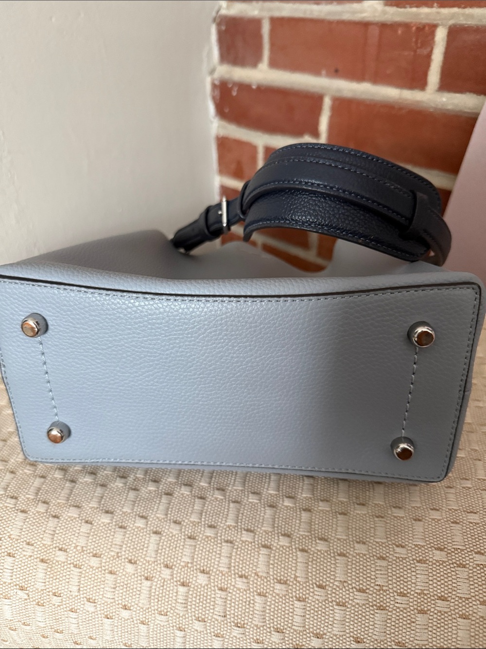 Coach Light Blue Pebbled Leather Shoulder Bag with Navy Blue Strap - Picture 3 of 5